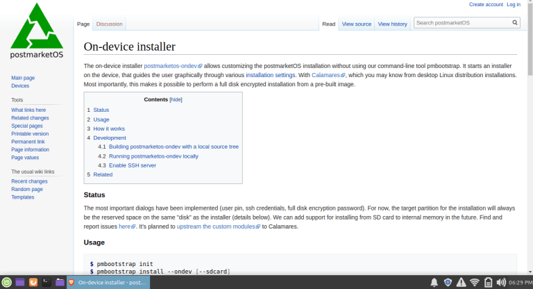 postmarketOS wiki entry for the on-device Calamares installer