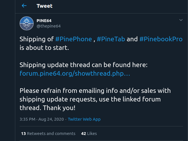 screenshot of Pine64's tweet