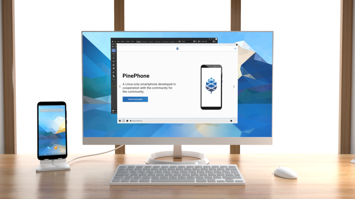 PinePhone Pro docked to a monitor.